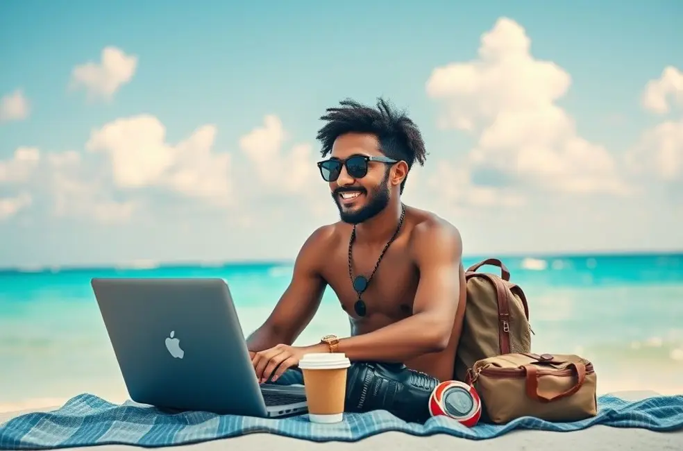 Nômade digital trabalhando em um laptop na praia, simbolizando liberdade e sucesso.