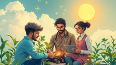 Imagem de empreendedores digitais trabalhando em terras sustentáveis.