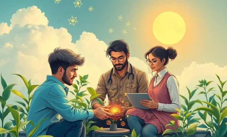 Imagem de empreendedores digitais trabalhando em terras sustentáveis.