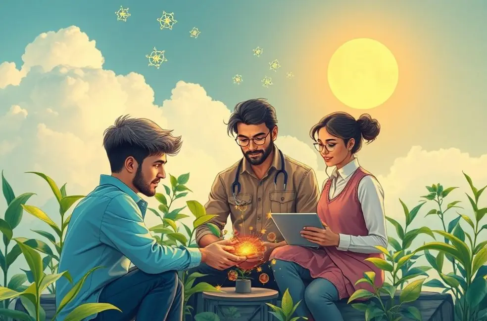 Imagem de empreendedores digitais trabalhando em terras sustentáveis.