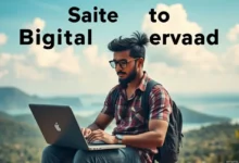 Nômade digital usando laptop em um local exótico.
