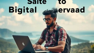 Nômade digital usando laptop em um local exótico.