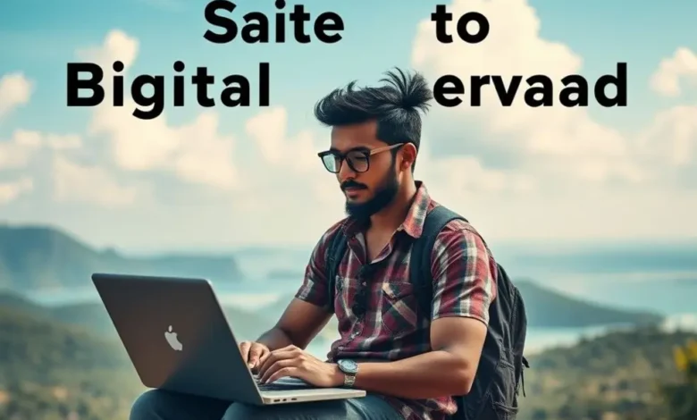 Nômade digital usando laptop em um local exótico.