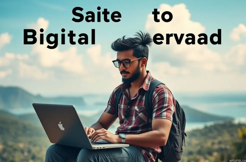 Nômade digital usando laptop em um local exótico.