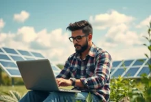Nômade digital trabalhando em um laptop em um cenário natural sustentável.