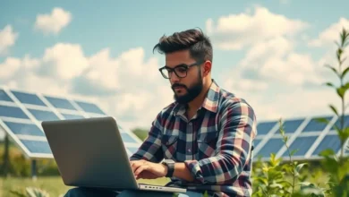 Nômade digital trabalhando em um laptop em um cenário natural sustentável.
