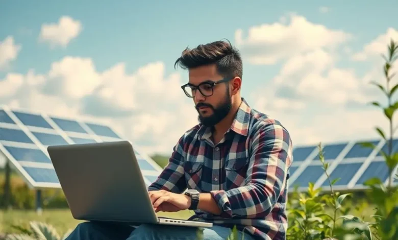 Nômade digital trabalhando em um laptop em um cenário natural sustentável.