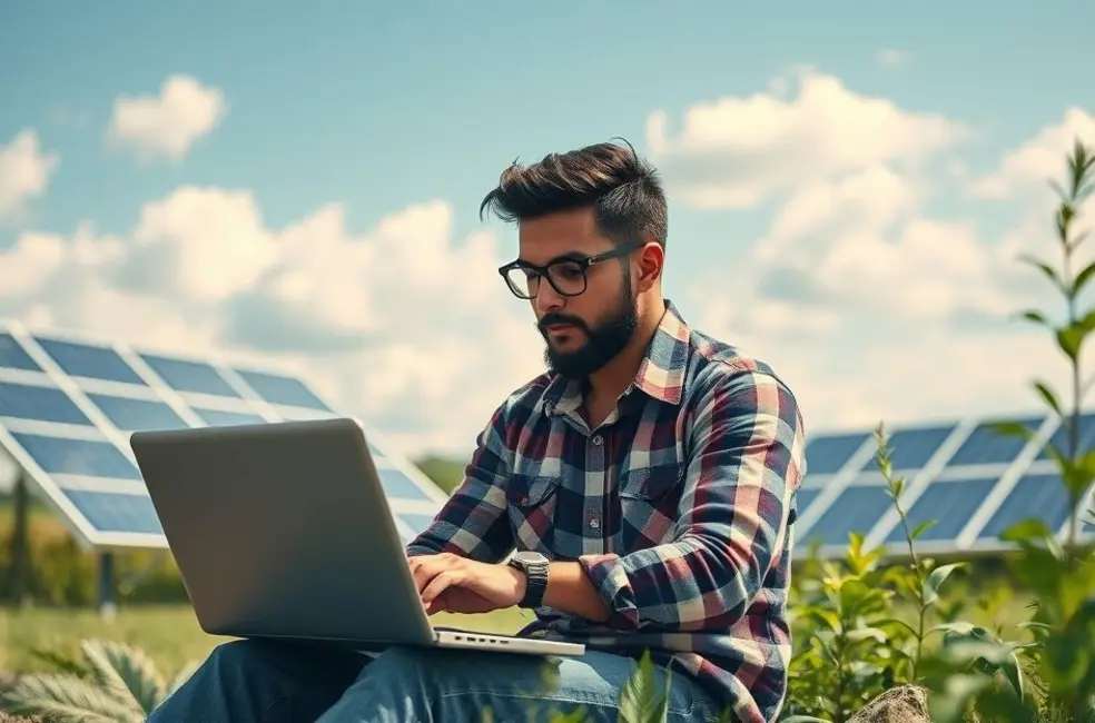 Nômade digital trabalhando em um laptop em um cenário natural sustentável.