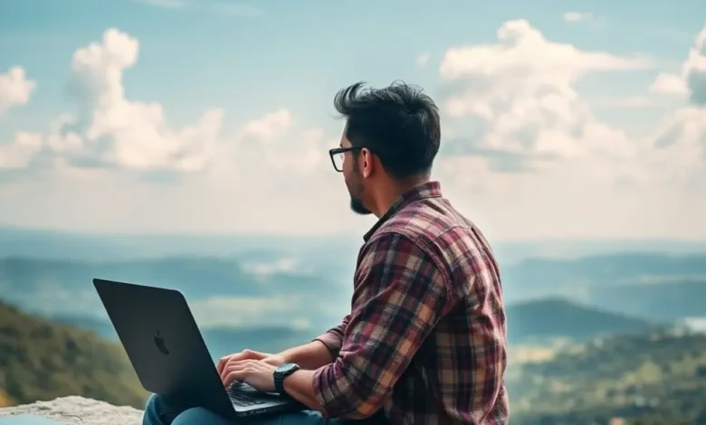 Nômade digital trabalhando em um local deslumbrante, conectando-se com clientes.