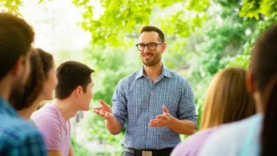 Mentor fazendo uma apresentação a um grupo de pessoas em um ambiente ao ar livre.
