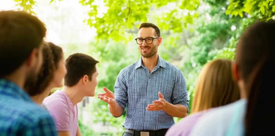 Mentor fazendo uma apresentação a um grupo de pessoas em um ambiente ao ar livre.