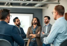 Mentor fazendo uma apresentação envolvente para empreendedores.