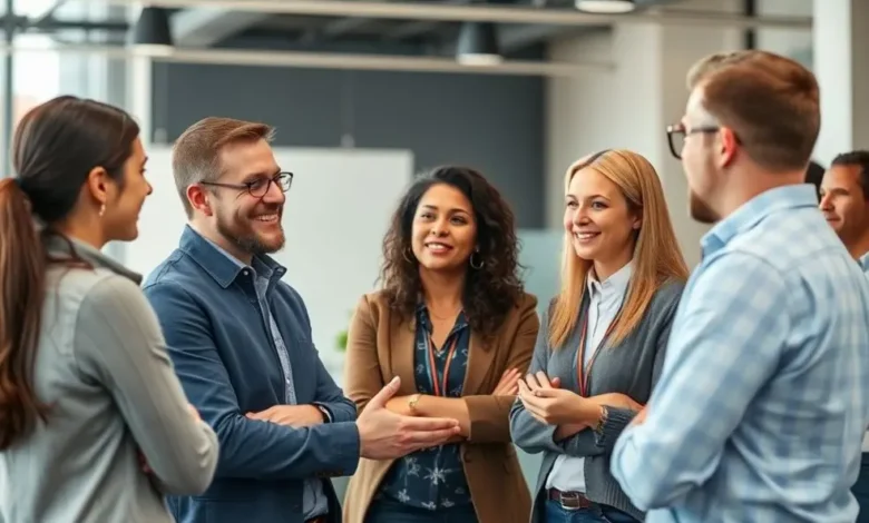 Mentor interagindo com um grupo diverso de empreendedores.