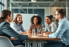 Grupo de empreendedores participando ativamente de uma sessão de mentoria.