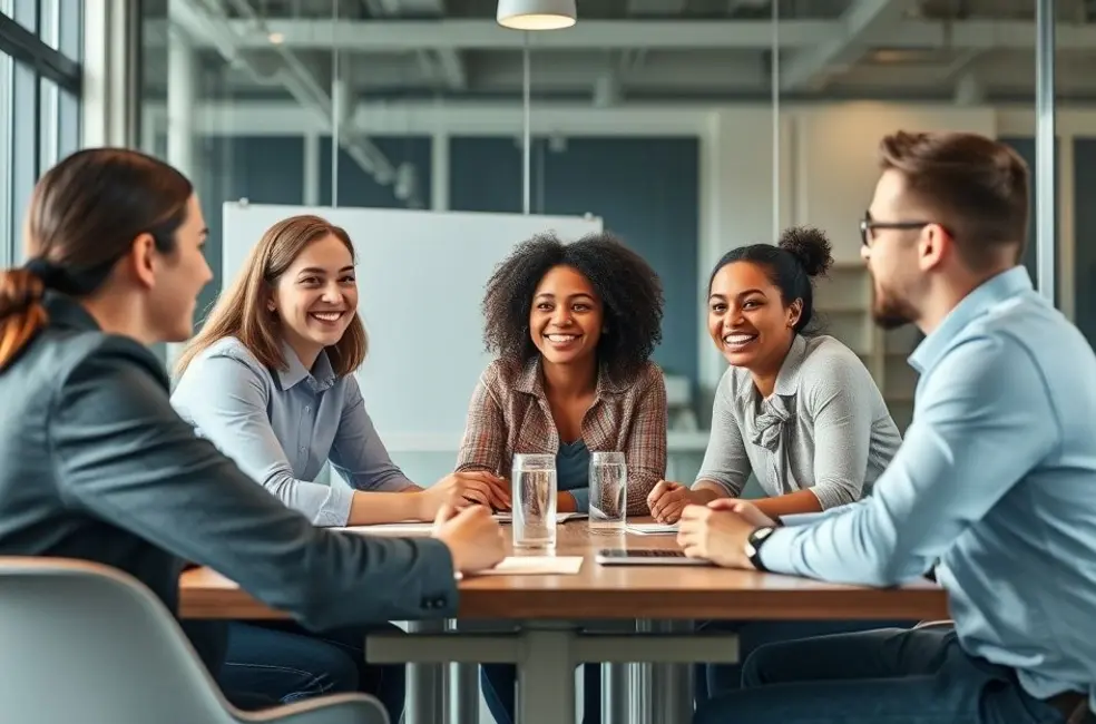 Grupo de empreendedores participando ativamente de uma sessão de mentoria.