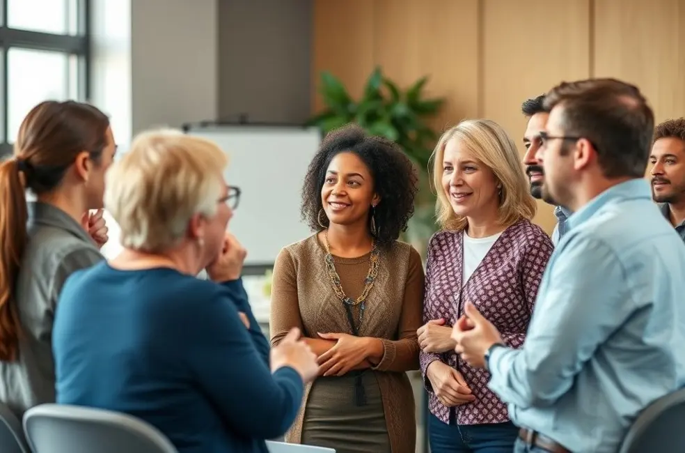 7 Estratégias Eficazes para Estruturar Programas de Mentoria Empresarial de Alto Impacto - Web Nômade Digital Mentores e mentorados envolvidos em uma discussão animada.