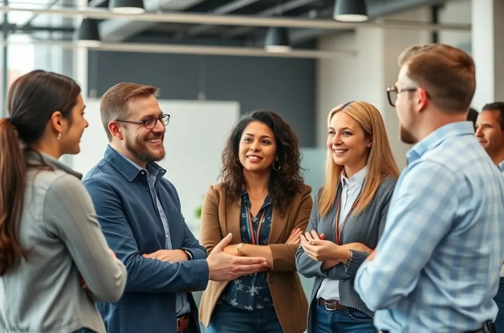 Mentor interagindo com um grupo diverso de empreendedores.