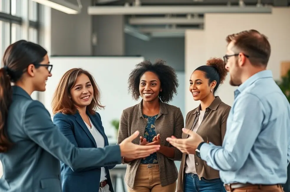 Mentor guiando grupo de mentorados em sessão interativa.
