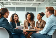 Grupo de profissionais engajados em uma sessão de mentoria empresarial.