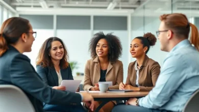 Grupo de profissionais engajados em uma sessão de mentoria empresarial.