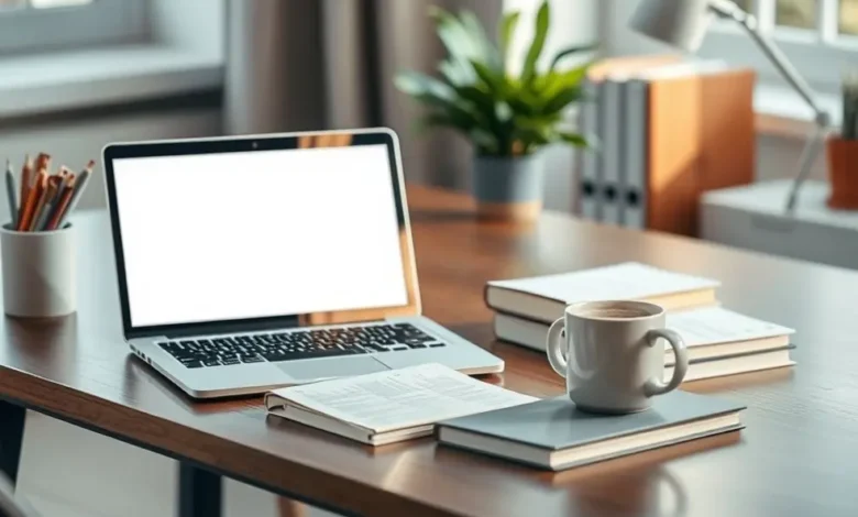 Mesa de trabalho de um mentor com laptop, livros e caneca de café.