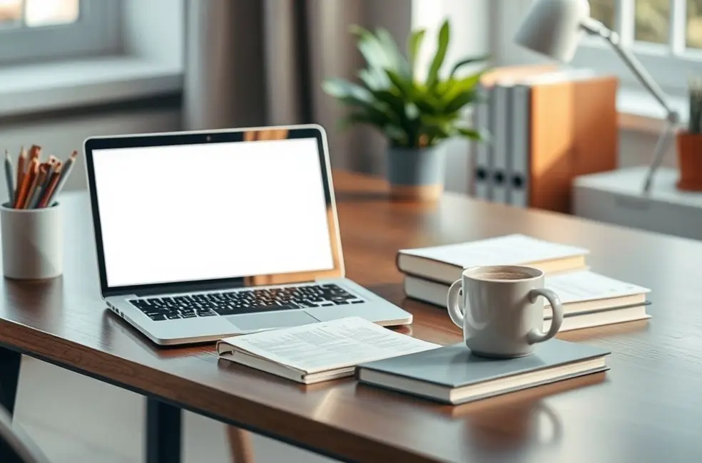 Mesa de trabalho de um mentor com laptop, livros e caneca de café.