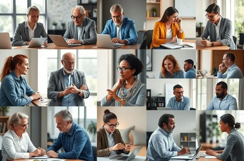 Coleção de mentores e mentorados em diferentes contextos de mentoria.