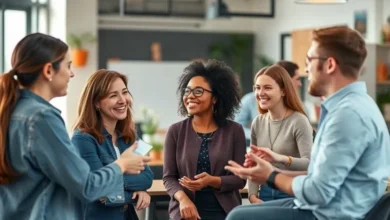 Várias duplas de mentor e mentorado interagindo em um ambiente criativo e produtivo.