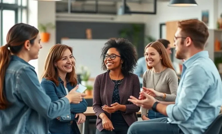Várias duplas de mentor e mentorado interagindo em um ambiente criativo e produtivo.