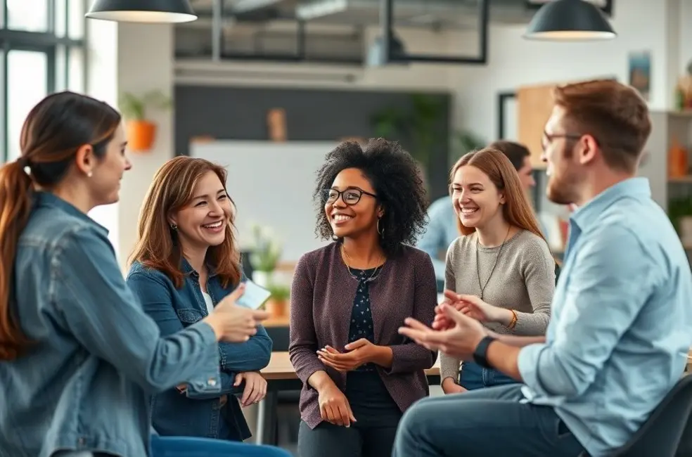 Várias duplas de mentor e mentorado interagindo em um ambiente criativo e produtivo.