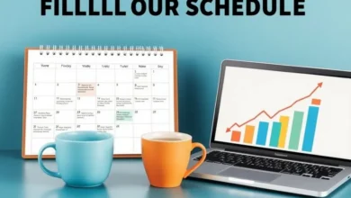 Espaço de trabalho com calendário e gráficos em crescimento.