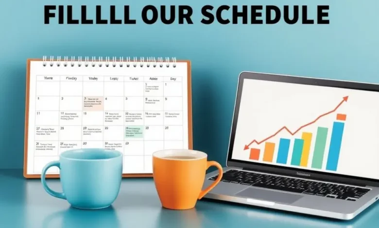Espaço de trabalho com calendário e gráficos em crescimento.