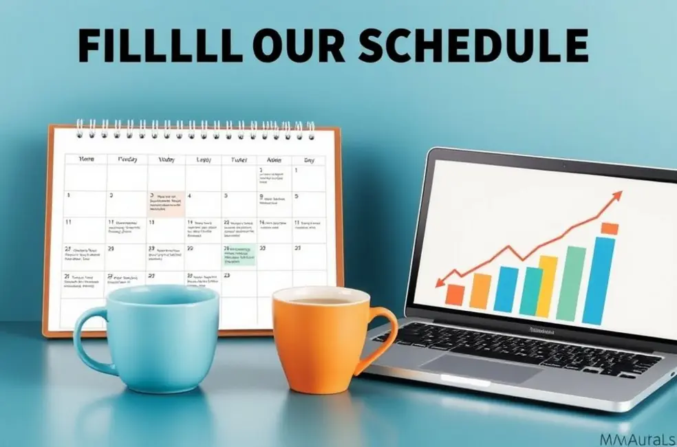 Espaço de trabalho com calendário e gráficos em crescimento.