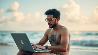 Nômade digital utilizando laptop na praia observando gráficos de lucro.