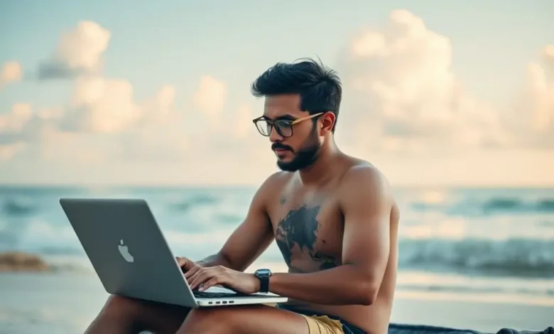 Nômade digital utilizando laptop na praia observando gráficos de lucro.