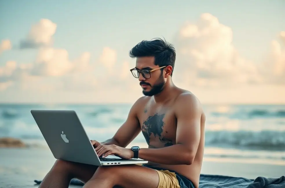 Nômade digital utilizando laptop na praia observando gráficos de lucro.