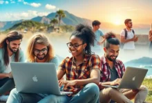 Grupo de nômades digitais trabalhando em ambientes externos, simbolizando liberdade e sucesso.