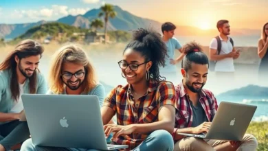 Grupo de nômades digitais trabalhando em ambientes externos, simbolizando liberdade e sucesso.