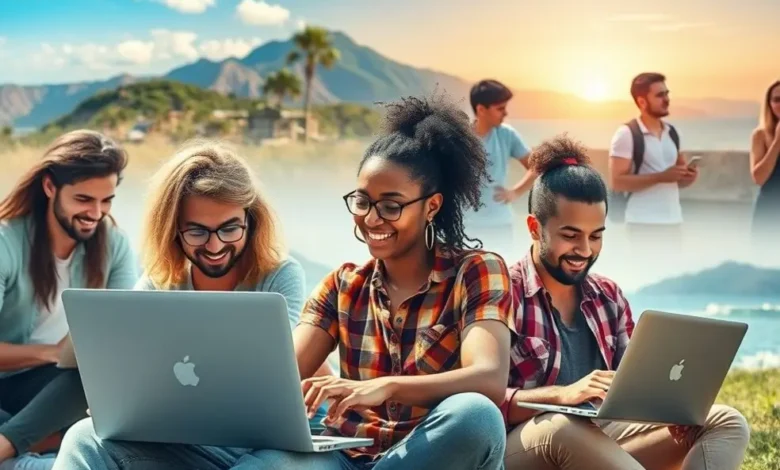Grupo de nômades digitais trabalhando em ambientes externos, simbolizando liberdade e sucesso.