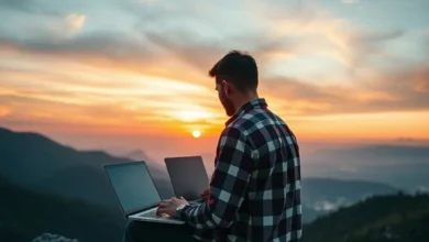 Nômade digital trabalhando em um laptop em uma montanha ao pôr do sol.