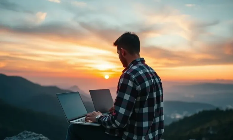 7 Passos Fundamentais para Empreender como Nômade Digital em 2024 - Web Nômade Digital Nômade digital trabalhando em um laptop em uma montanha ao pôr do sol.