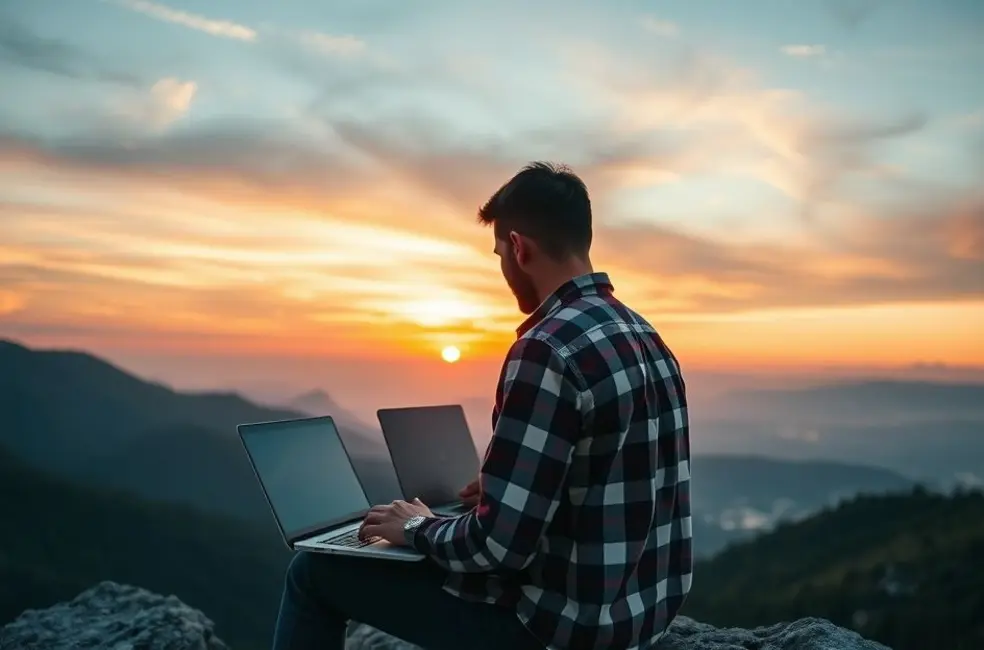 Nômade digital trabalhando em um laptop em uma montanha ao pôr do sol.