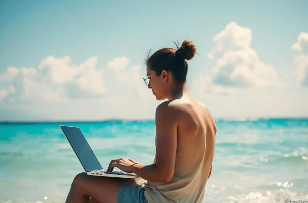 Pessoa trabalhando em um laptop em uma praia, simbolizando a liberdade dos nômades digitais.