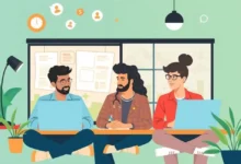 Grupo de empreendedores digitais colaborando em um ambiente de trabalho remoto.