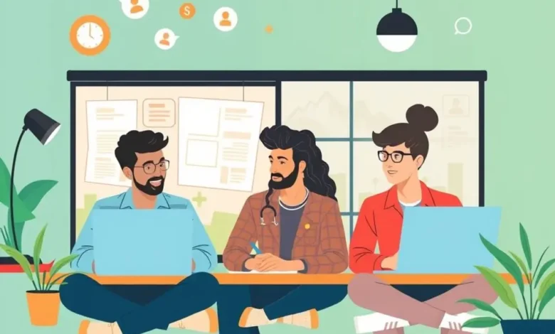 Grupo de empreendedores digitais colaborando em um ambiente de trabalho remoto.