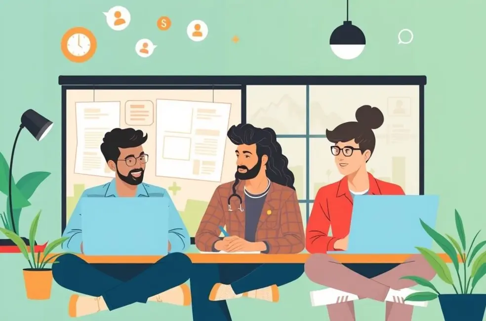 Grupo de empreendedores digitais colaborando em um ambiente de trabalho remoto.