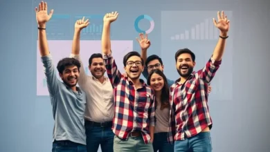 Equipe de startup celebrando sucesso em posicionamento de mercado