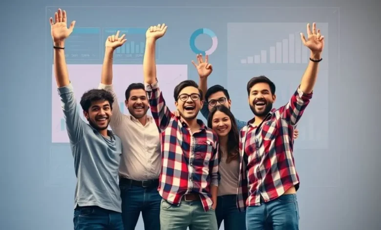 Equipe de startup celebrando sucesso em posicionamento de mercado