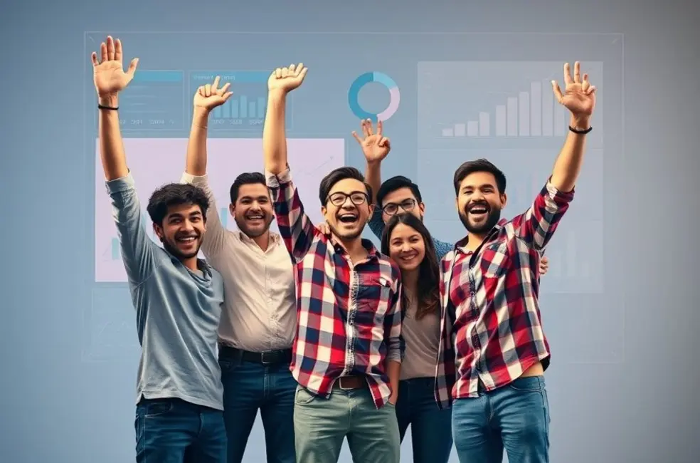 Equipe de startup celebrando sucesso em posicionamento de mercado