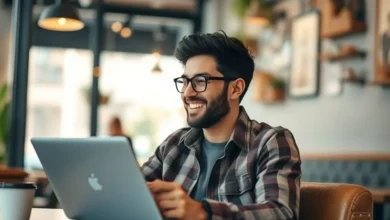 Nômade digital sorrindo ao ver resultados positivos de seu negócio.